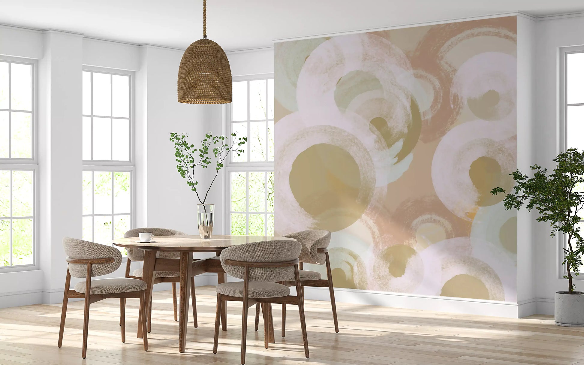 Artistic oval wall mural with layered shapes and muted color scheme
