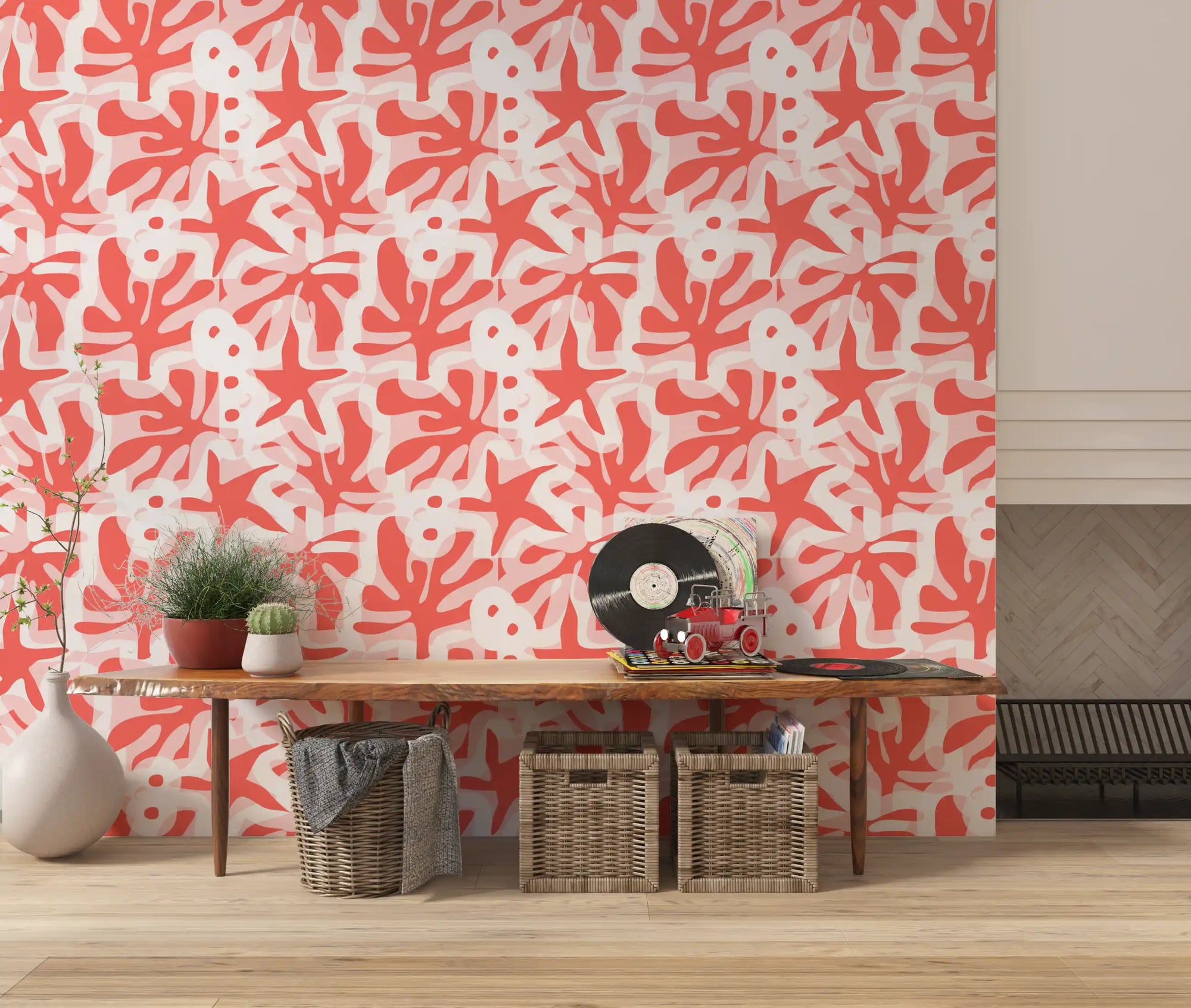 Abstract coral wallpaper with soft overlay shapes and warm tones
