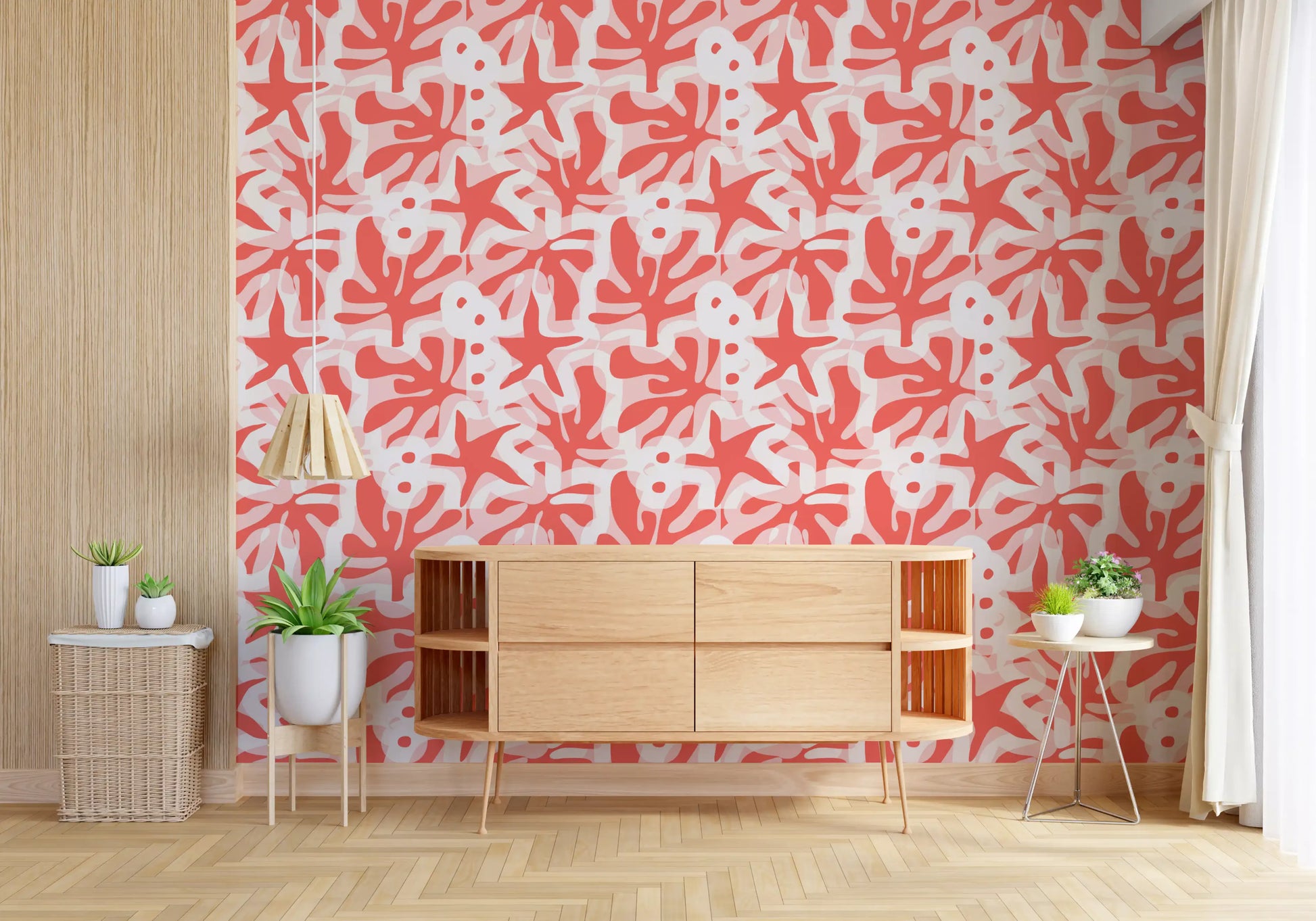Contemporary coral wallpaper with fluid forms and muted base