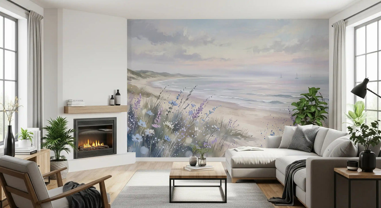 Living room wall mural with seaside dune blooms and soft coastal tones