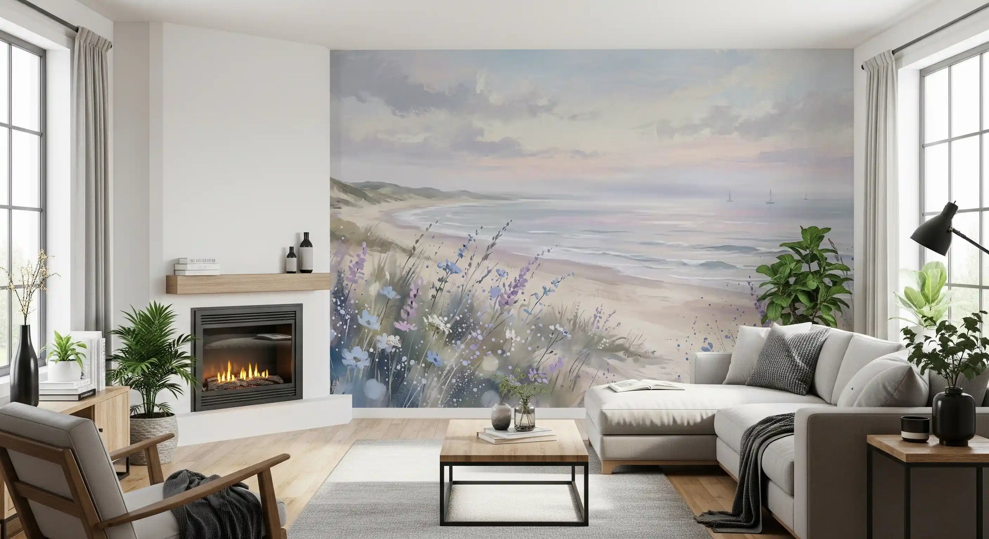 Living room wall mural with seaside dune blooms and soft coastal tones