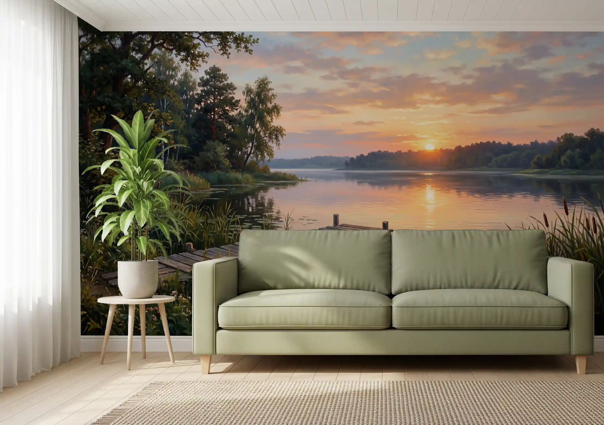 Living room with golden hour lake wall mural and sunset dock view