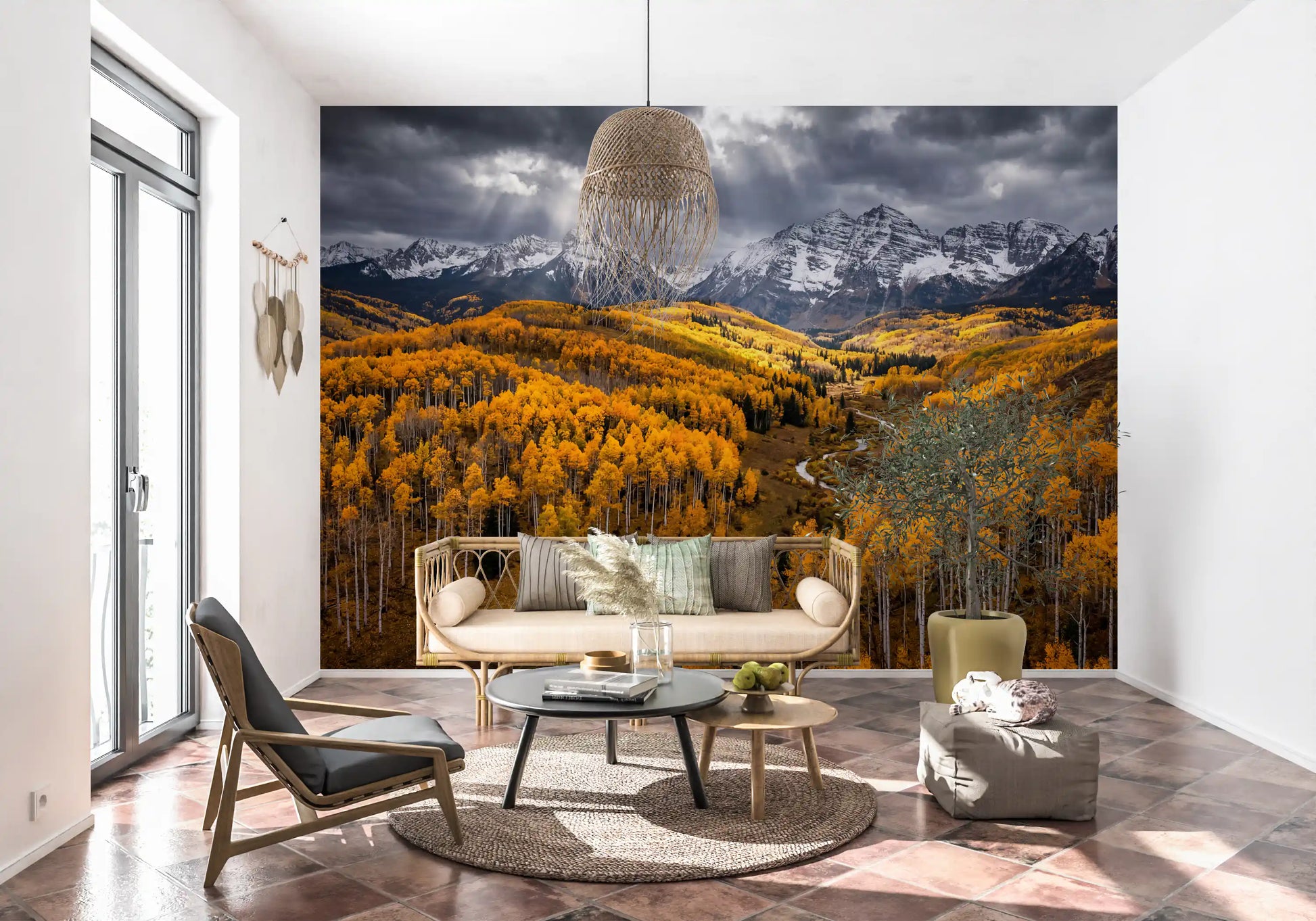 Hallway wall mural with autumn aspen valley and dramatic highland light scenes