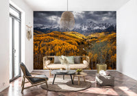 Hallway wall mural with autumn aspen valley and dramatic highland light scenes