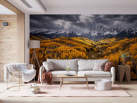 Lounge area wall mural featuring bright aspens and sweeping mountain panorama view