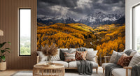Hallway wall mural featuring golden aspen valley beneath snow-lined alpine peaks