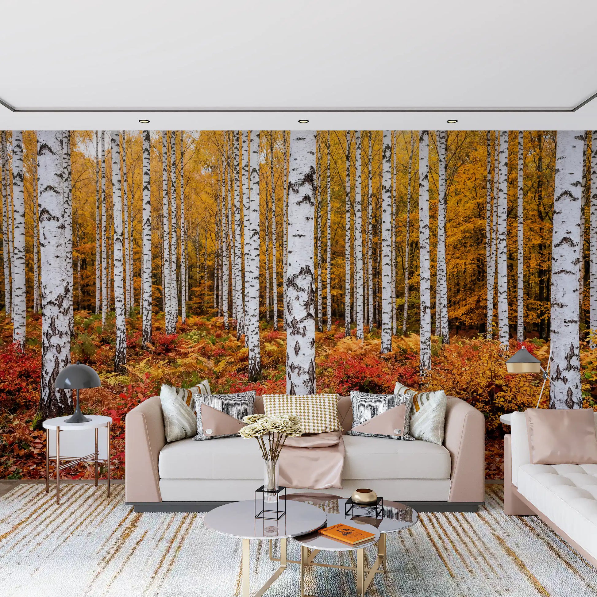 Home office wall mural capturing autumn birch woodland with vivid seasonal foliage depth