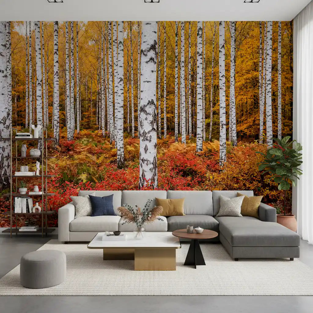 Living room wall mural capturing golden birch woodland and vivid leaf tone detail