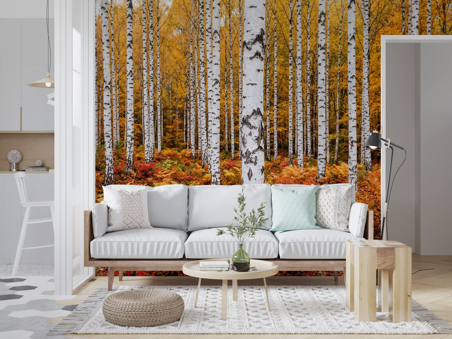 Hallway wall mural with vibrant birch forest and layered fall undergrowth detail