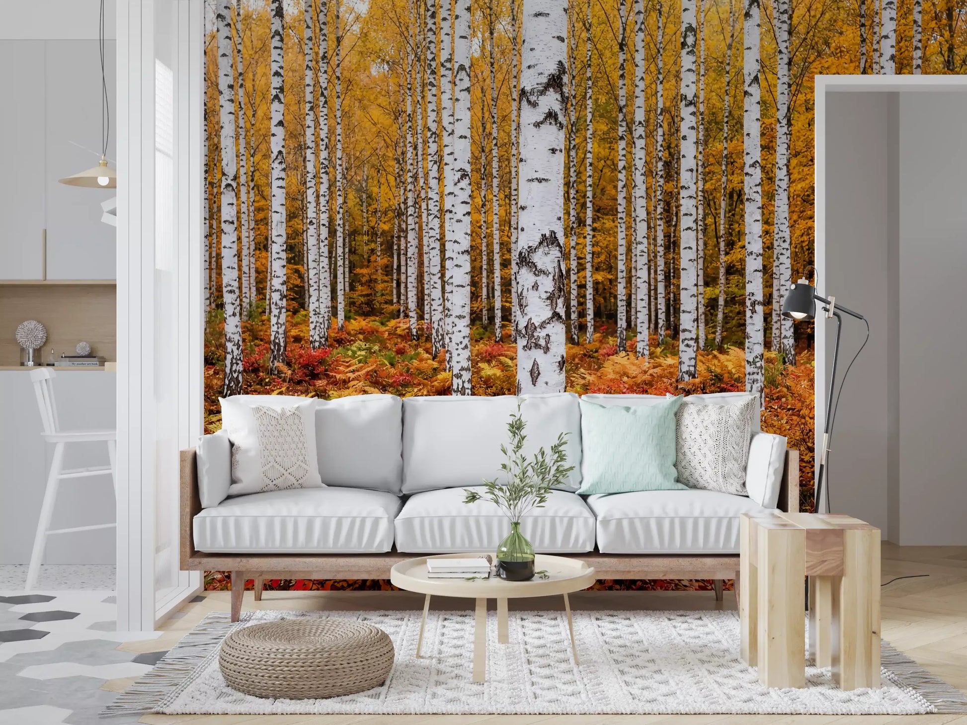 Hallway wall mural with vibrant birch forest and layered fall undergrowth detail