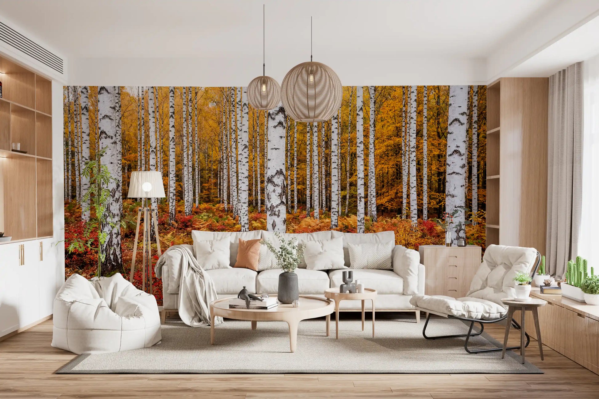 Living area wall mural showing golden autumn birches and bright forest floor tones