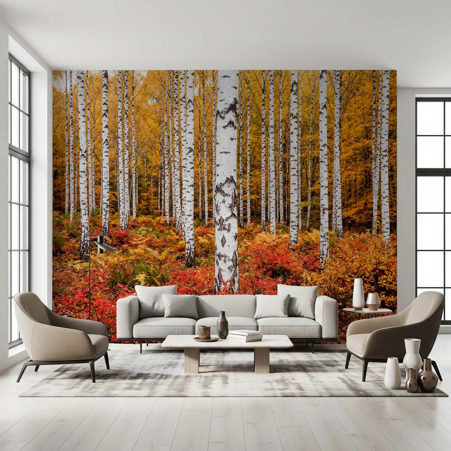 Reception Sofa area wall mural with vibrant autumn grove and striking white birch trunks detail