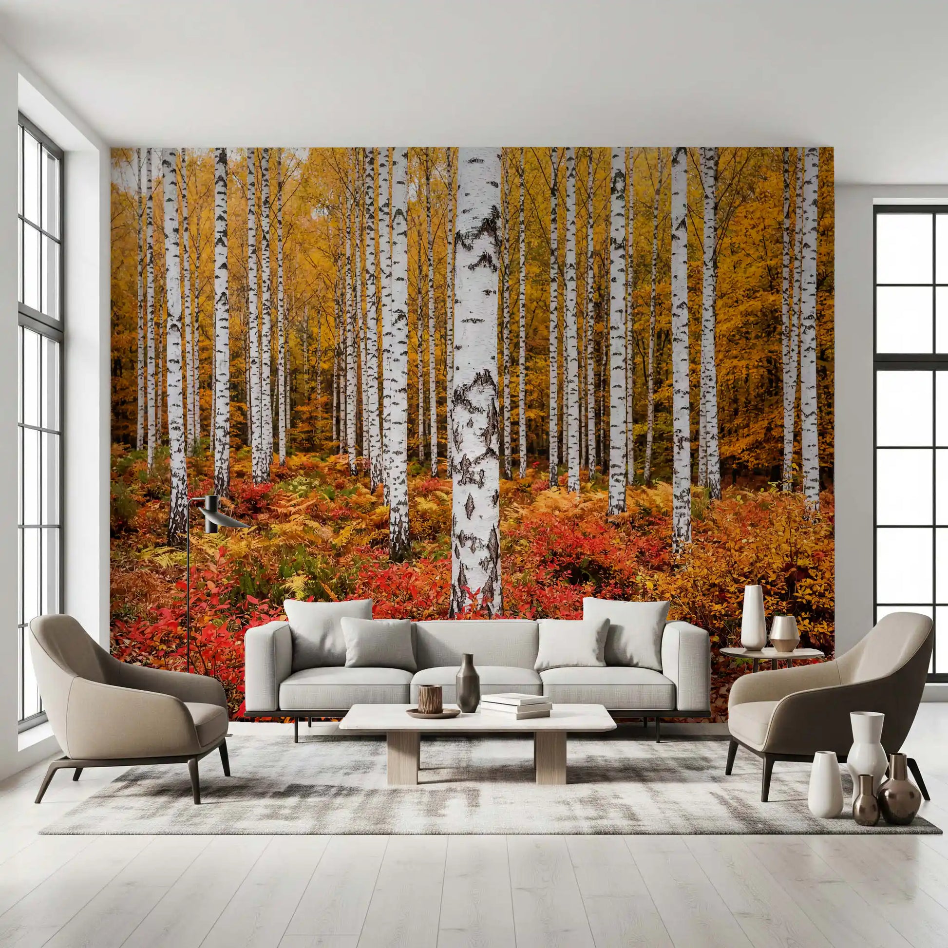 Reception Sofa area wall mural with vibrant autumn grove and striking white birch trunks detail