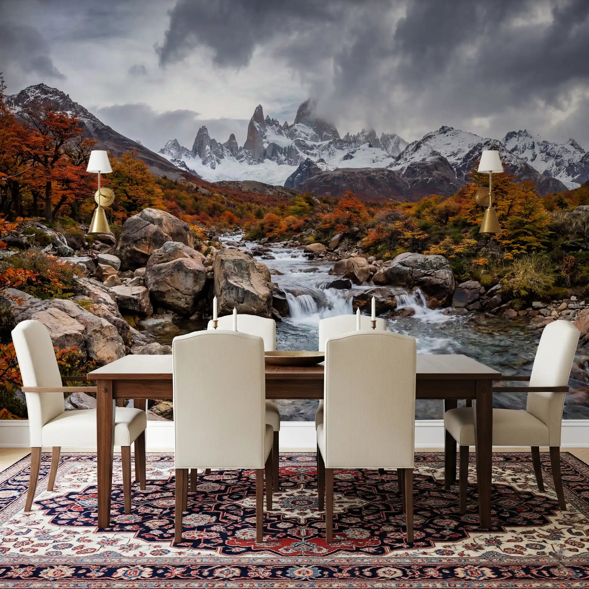 Dining room wall mural showing alpine cascade with fall foliage tones