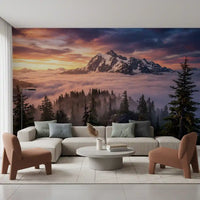 Hallway wall mural with layered clouds and snow peak forest view