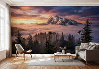 Living room wall mural with sunset peaks and misty forest landscape view