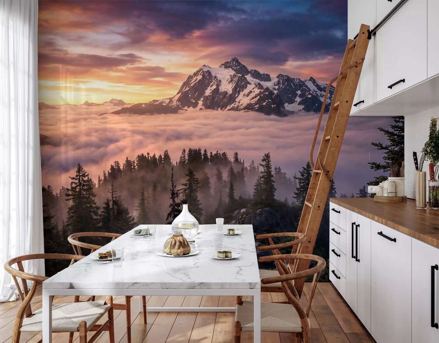 Dining room wall mural with glowing sky Peak and alpine forest scene