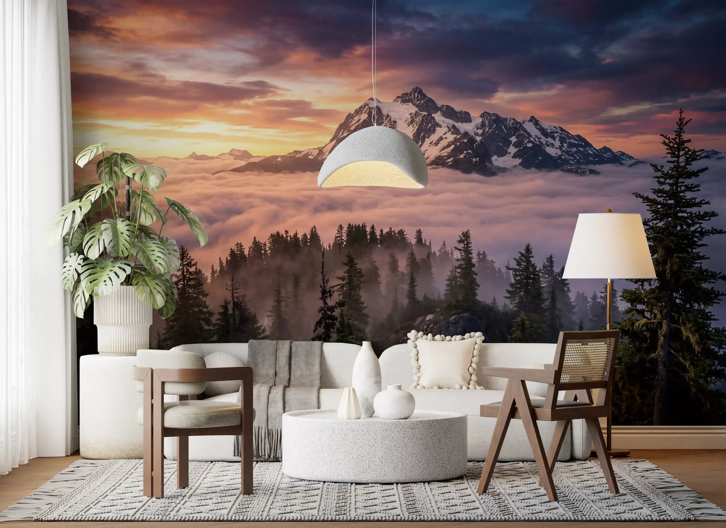 Living room wall mural with alpine sunset and forest silhouette