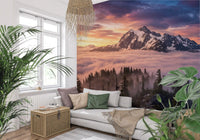 Entryway wall mural with foggy peaks and warm sunset tones
