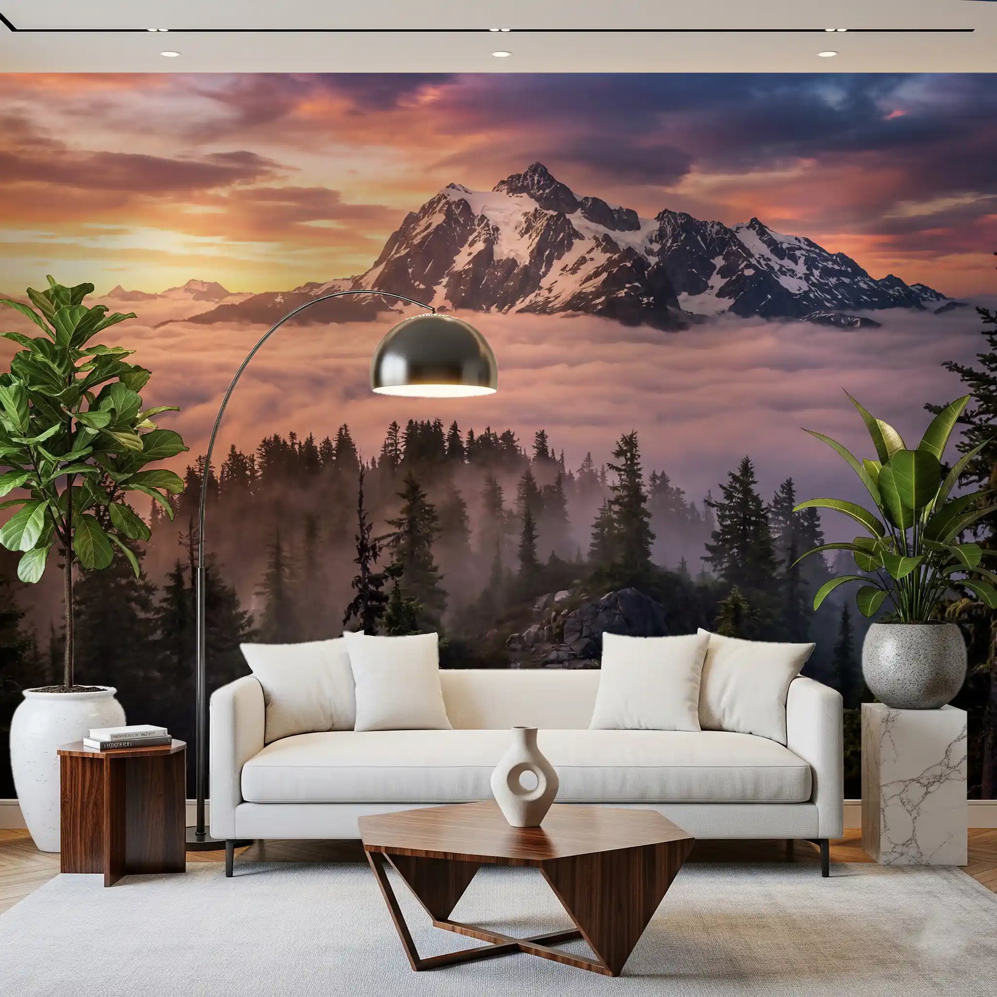 Living room wall mural with sunset peak and mist-covered trees
