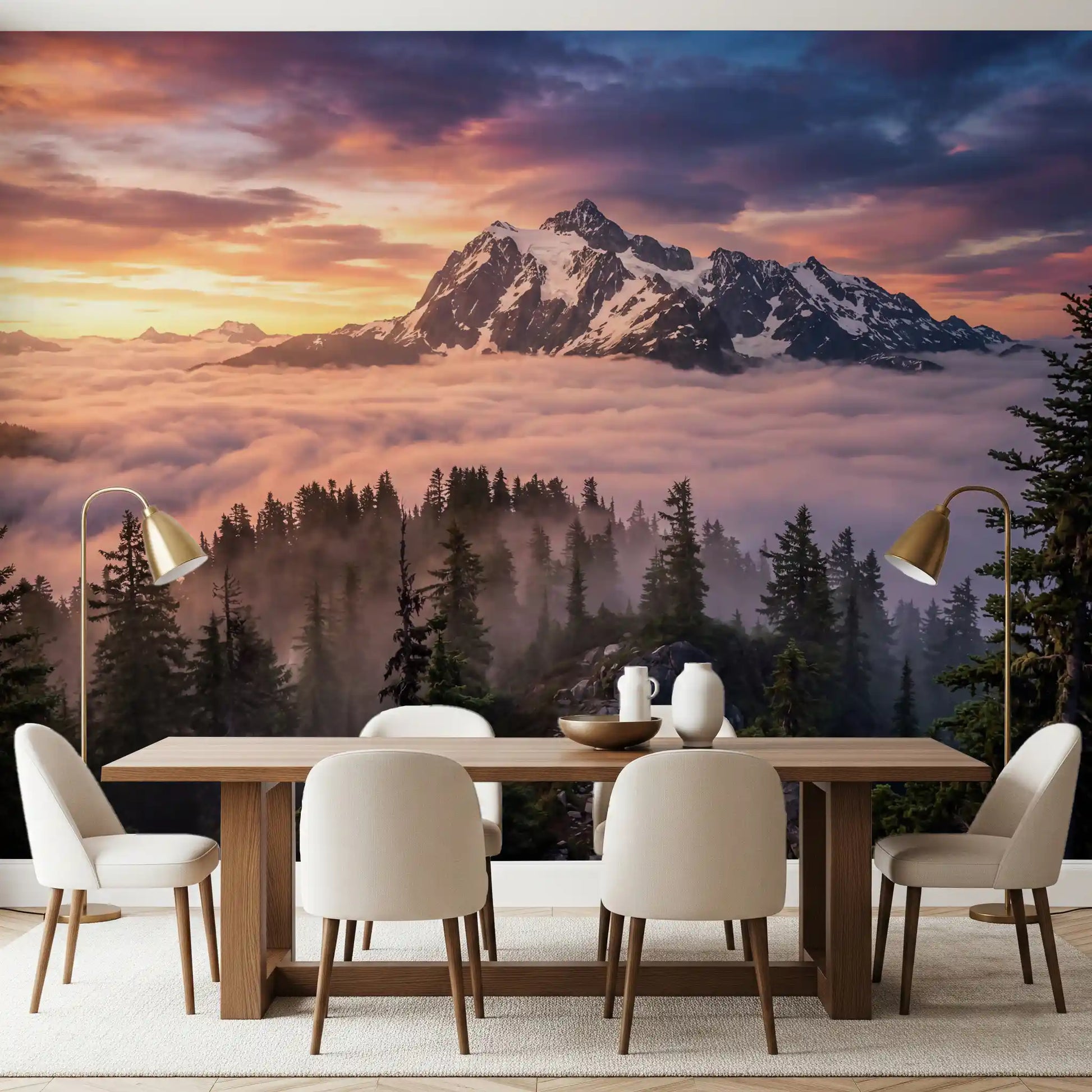 Dining area wall mural with mountain ridge and Sunset cloud-filled valley