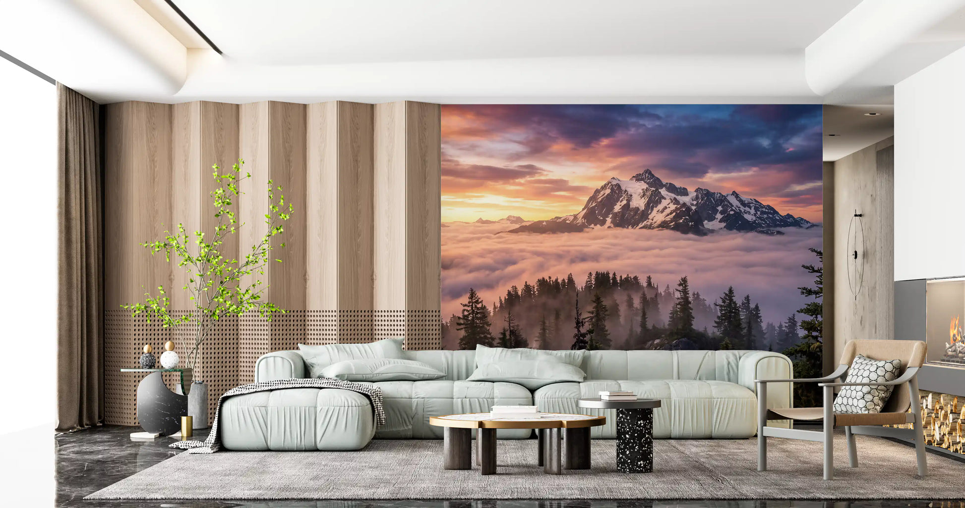 Home office wall mural with mountain sunset and forest ridge atmosphere