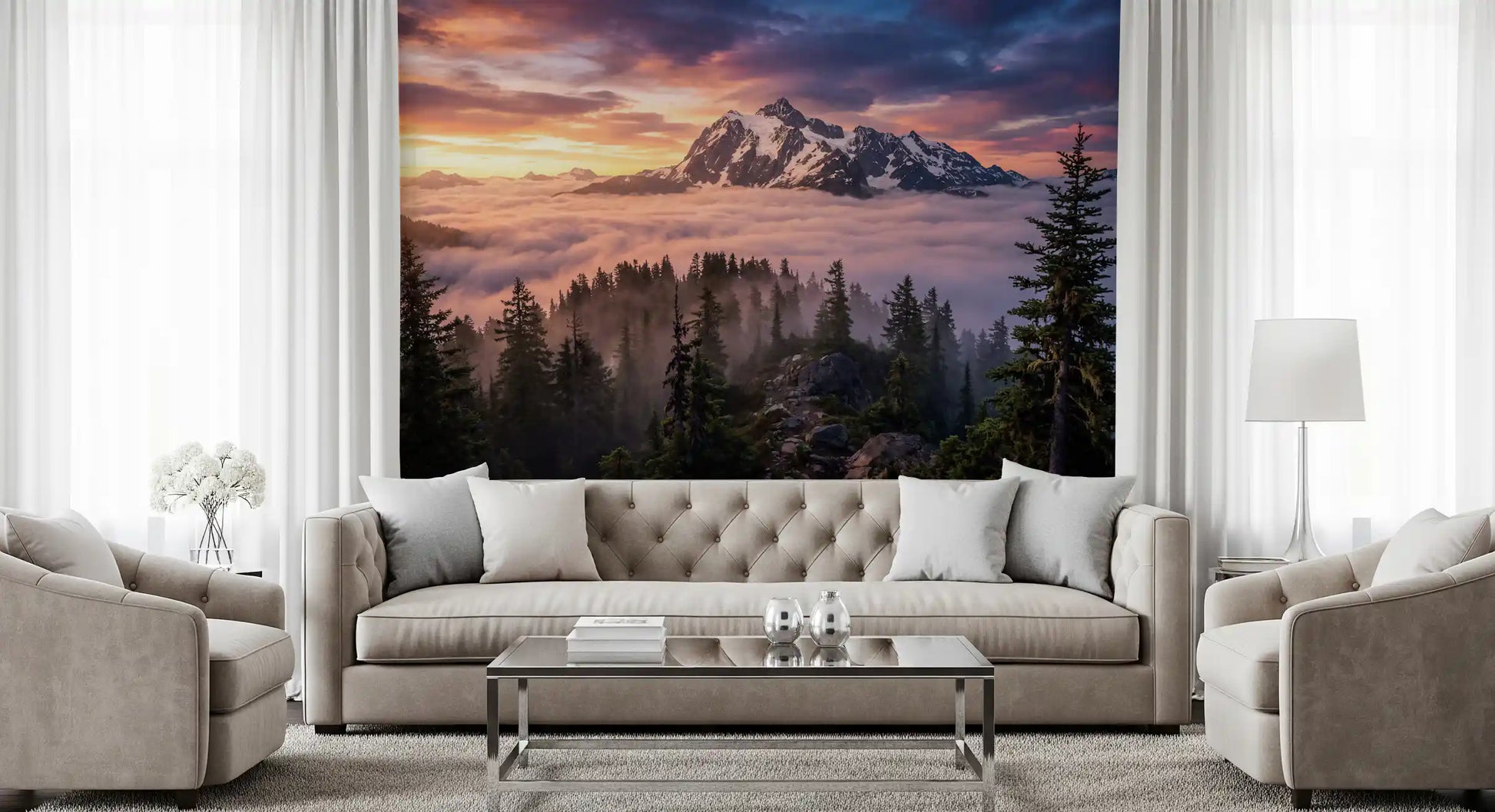 Reception wall mural with scenic mountain sunset and forest layers