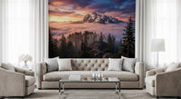 Reception wall mural with scenic mountain sunset and forest layers