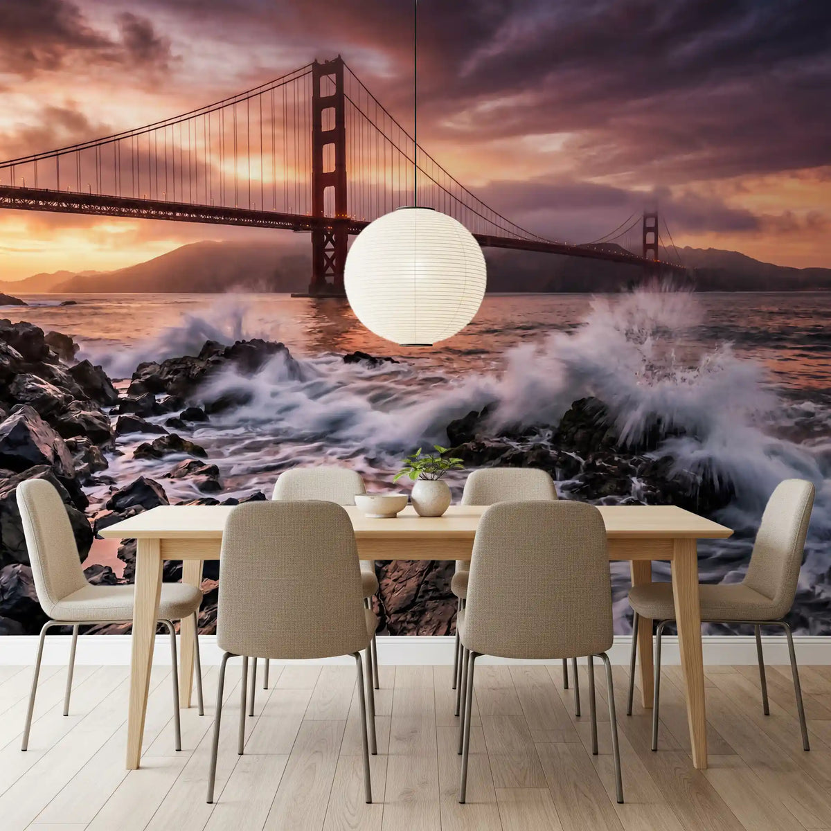 Golden Gate Sunset Wall Mural – Ocean Wave Panorama