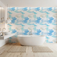 Bathroom wall finished in Fluid Serenity wallpaper with smooth gradient waves