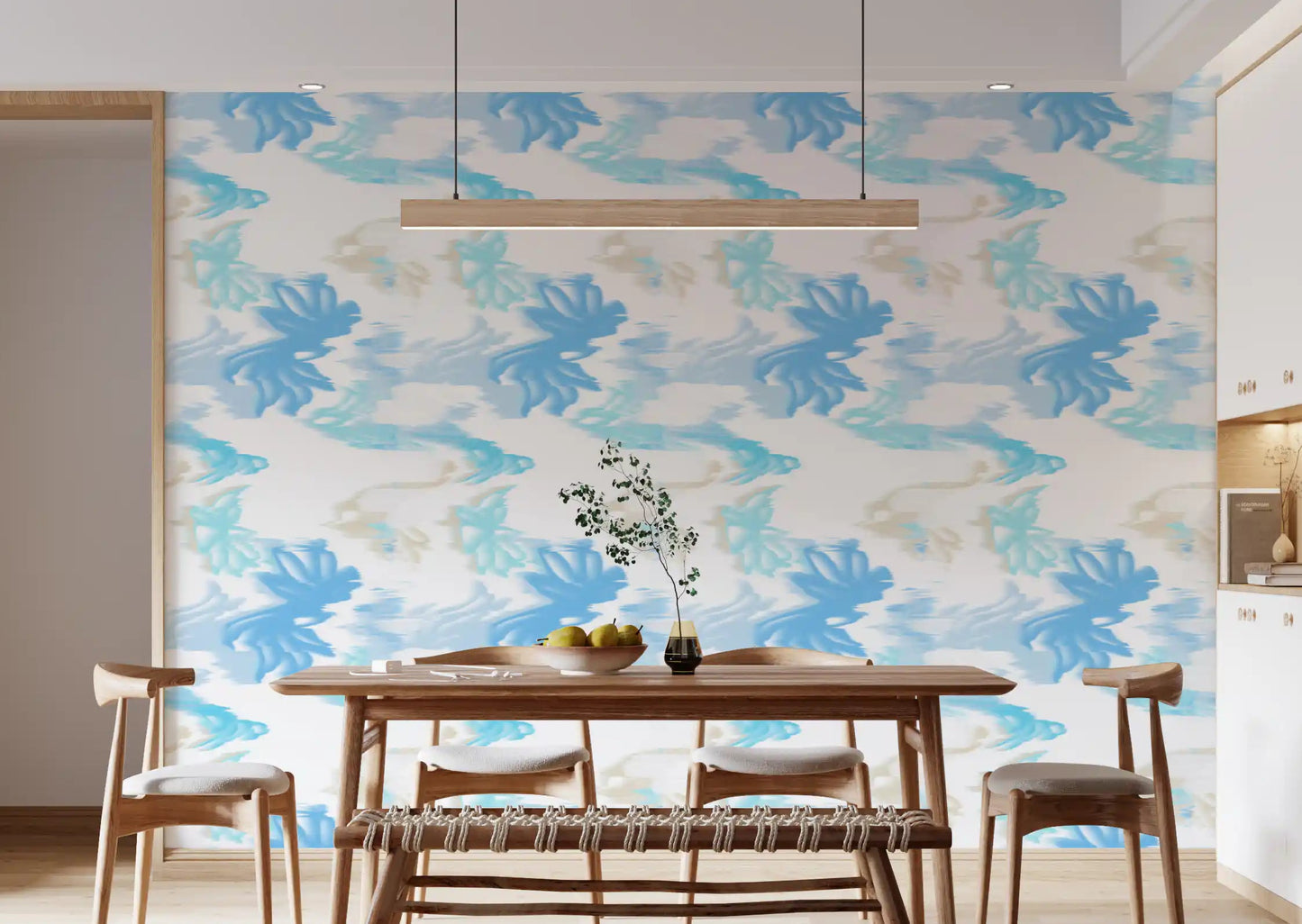 Dining room styled with Fluid Serenity wallpaper in soft blue flow pattern