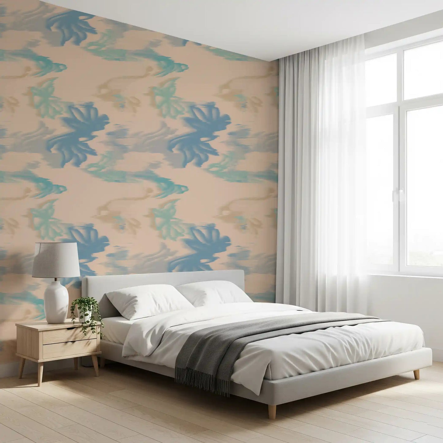 Bedroom wall finished in Aqua Drift Abstract wallpaper with aqua gradient waves
