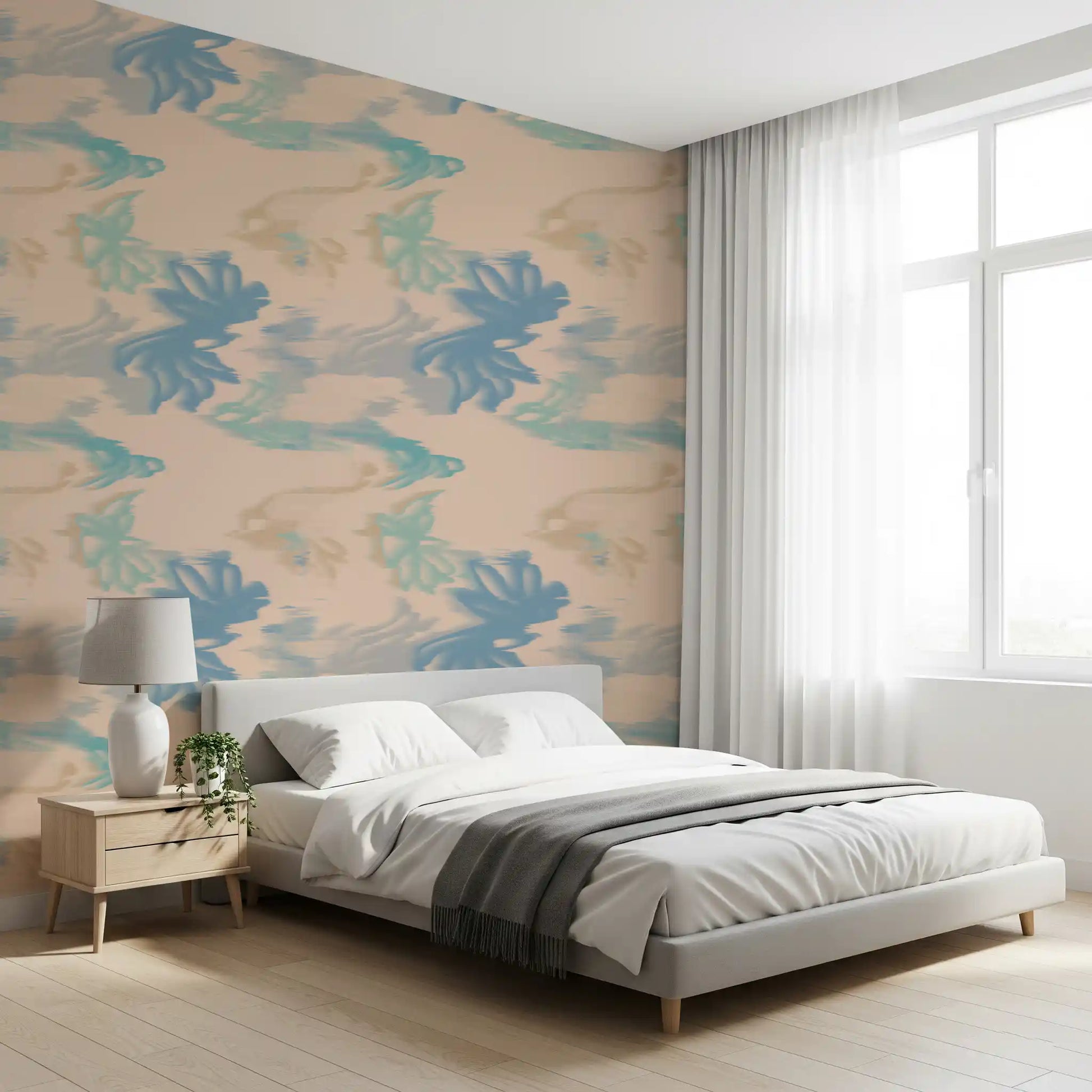 Bedroom wall finished in Aqua Drift Abstract wallpaper with aqua gradient waves