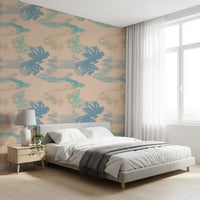 Bedroom wall finished in Aqua Drift Abstract wallpaper with aqua gradient waves