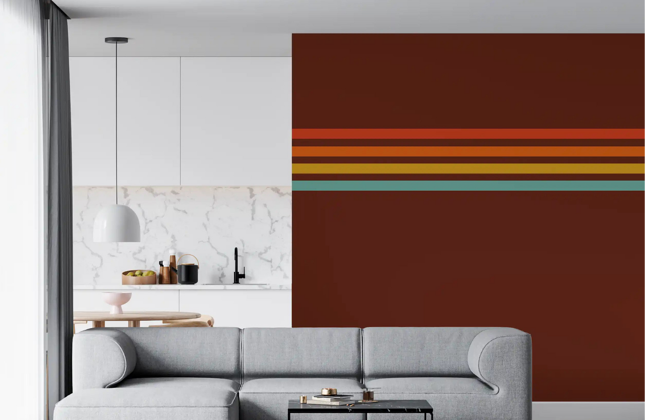 Living room styled with Retro Stripe Horizon wall mural brown stripe design