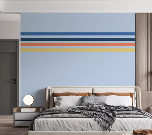 Bedroom wall featuring Retro Horizon Stripes wall mural blue orange lines