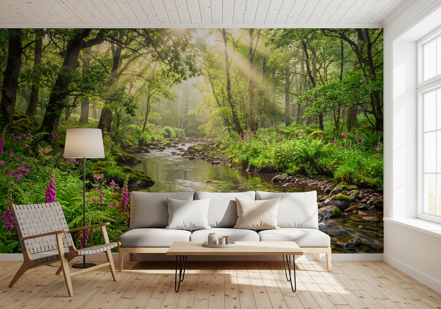 Sunlit Woodland Stream Wall Mural