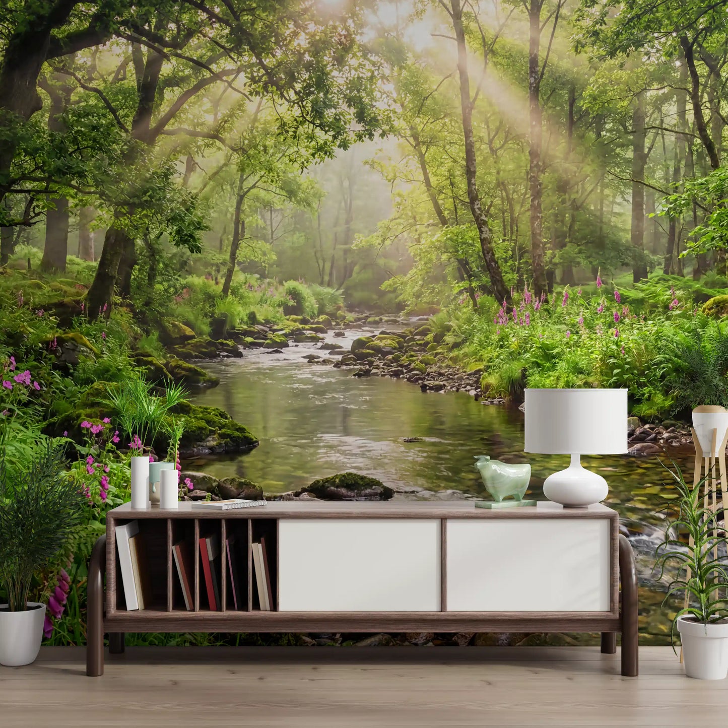 Sunlit Woodland Stream Wall Mural