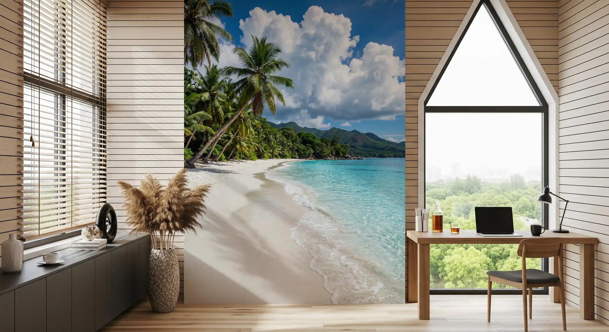 Tropical beach wall mural featuring Palm-Fringed Serenity palm shoreline