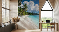 Tropical beach wall mural featuring Palm-Fringed Serenity palm shoreline