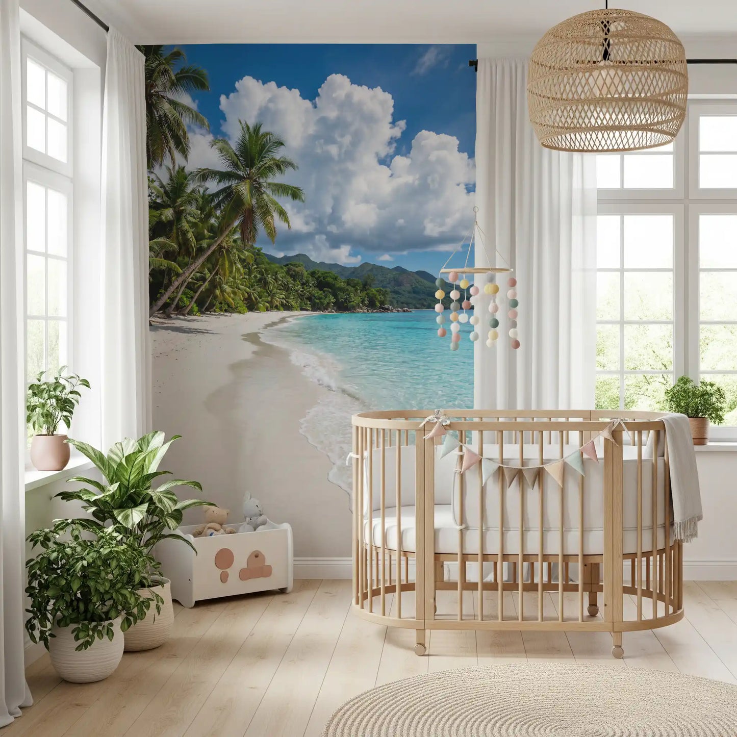 Nature-inspired wall mural with Palm-Fringed Serenity beach design