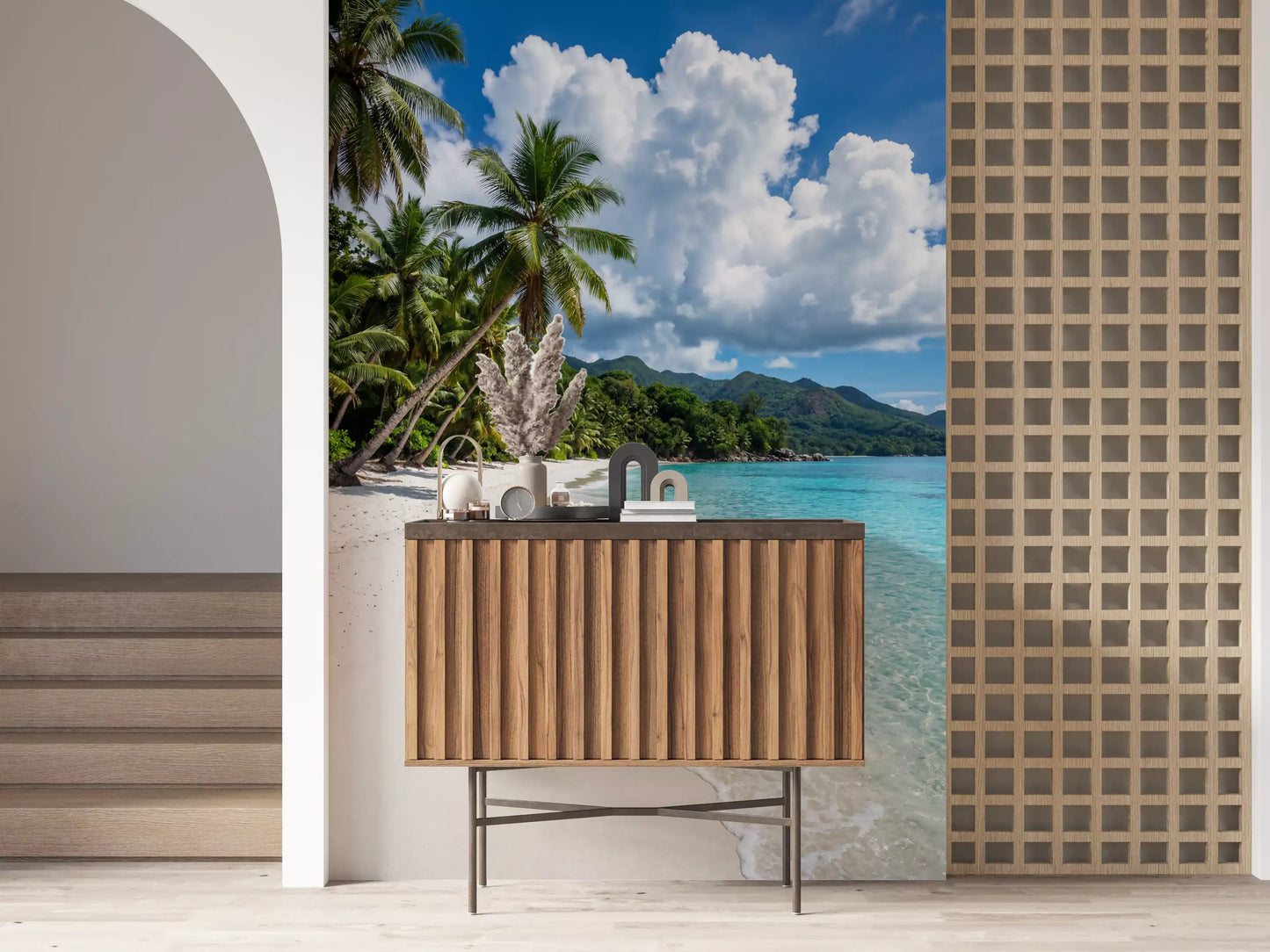 Palm-Fringed Serenity wall mural with ocean waves and green hills