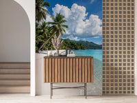 Palm-Fringed Serenity wall mural with ocean waves and green hills