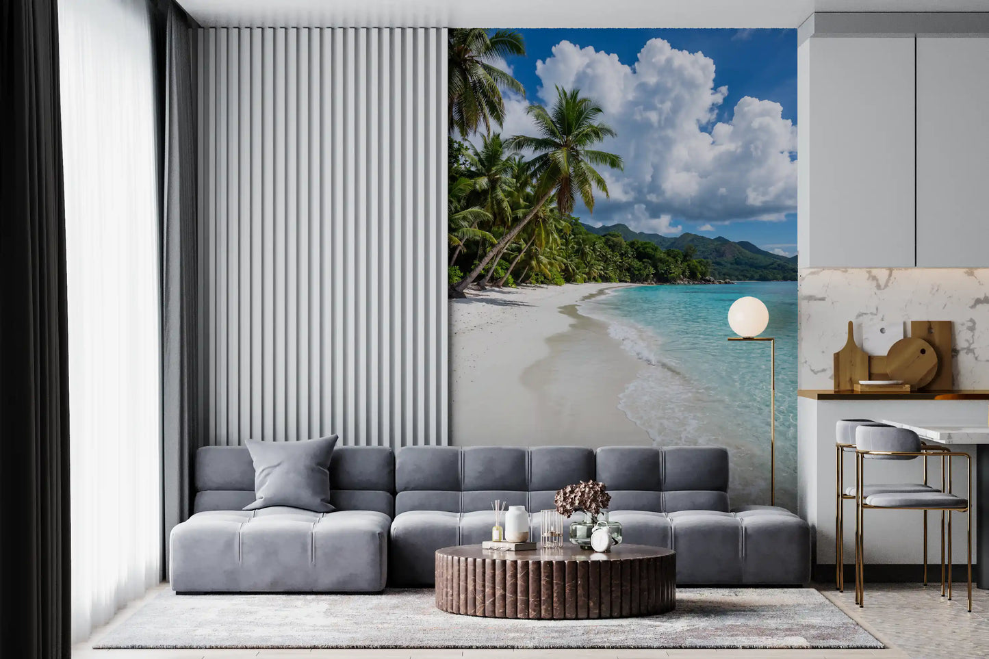 Living room styled with Palm-Fringed Serenity wall mural beach scene