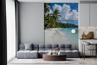 Living room styled with Palm-Fringed Serenity wall mural beach scene