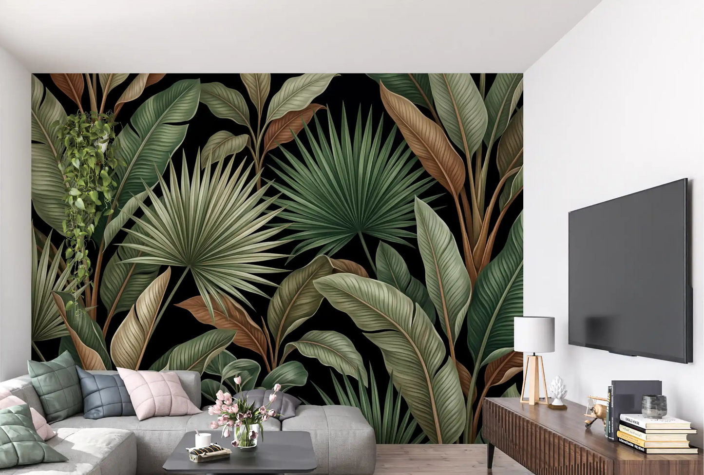 Botanical Noir wall mural with green leaves on black background