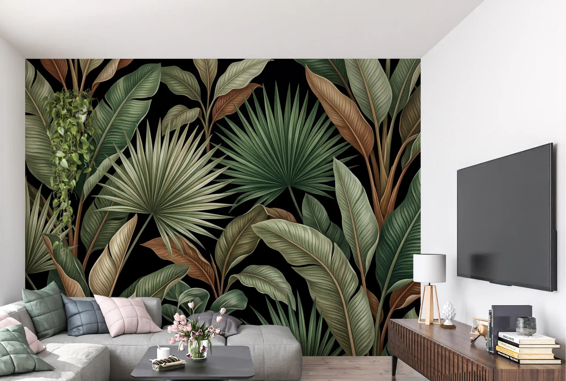 Botanical Noir wall mural with green leaves on black background