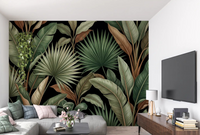 Botanical Noir wall mural with green leaves on black background