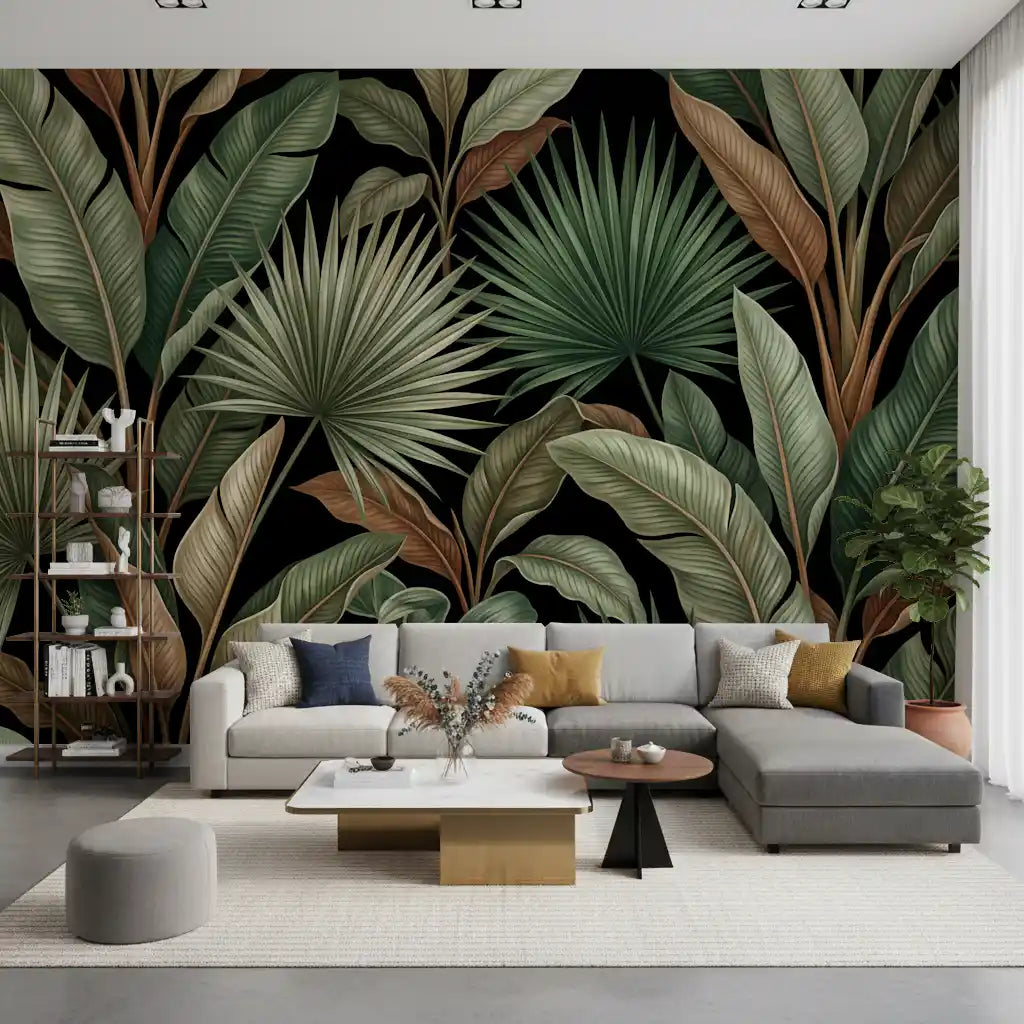 Botanical Noir wall mural showing detailed palm and leaf textures