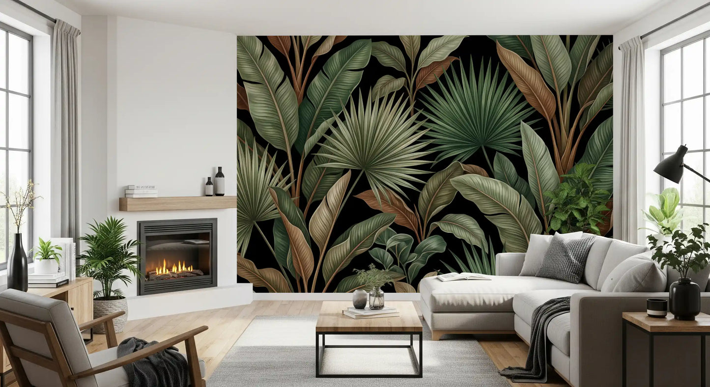 Botanical Noir wall mural with layered tropical leaf composition